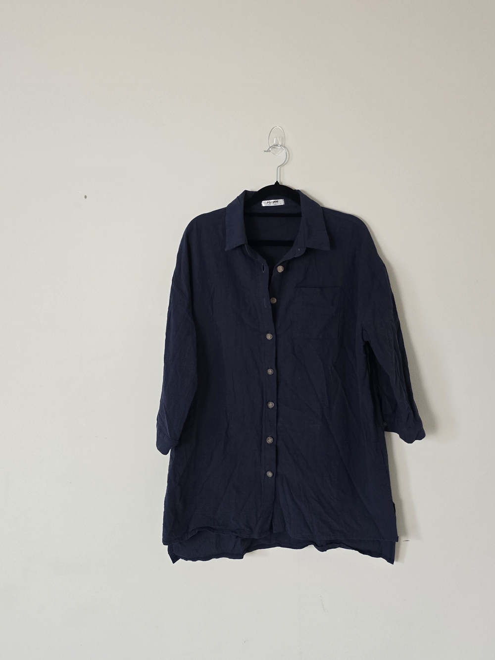 Zeagoo Men's Solid Blue Cotton Woven Button-Up Point Collar 3/4 Sleeve L